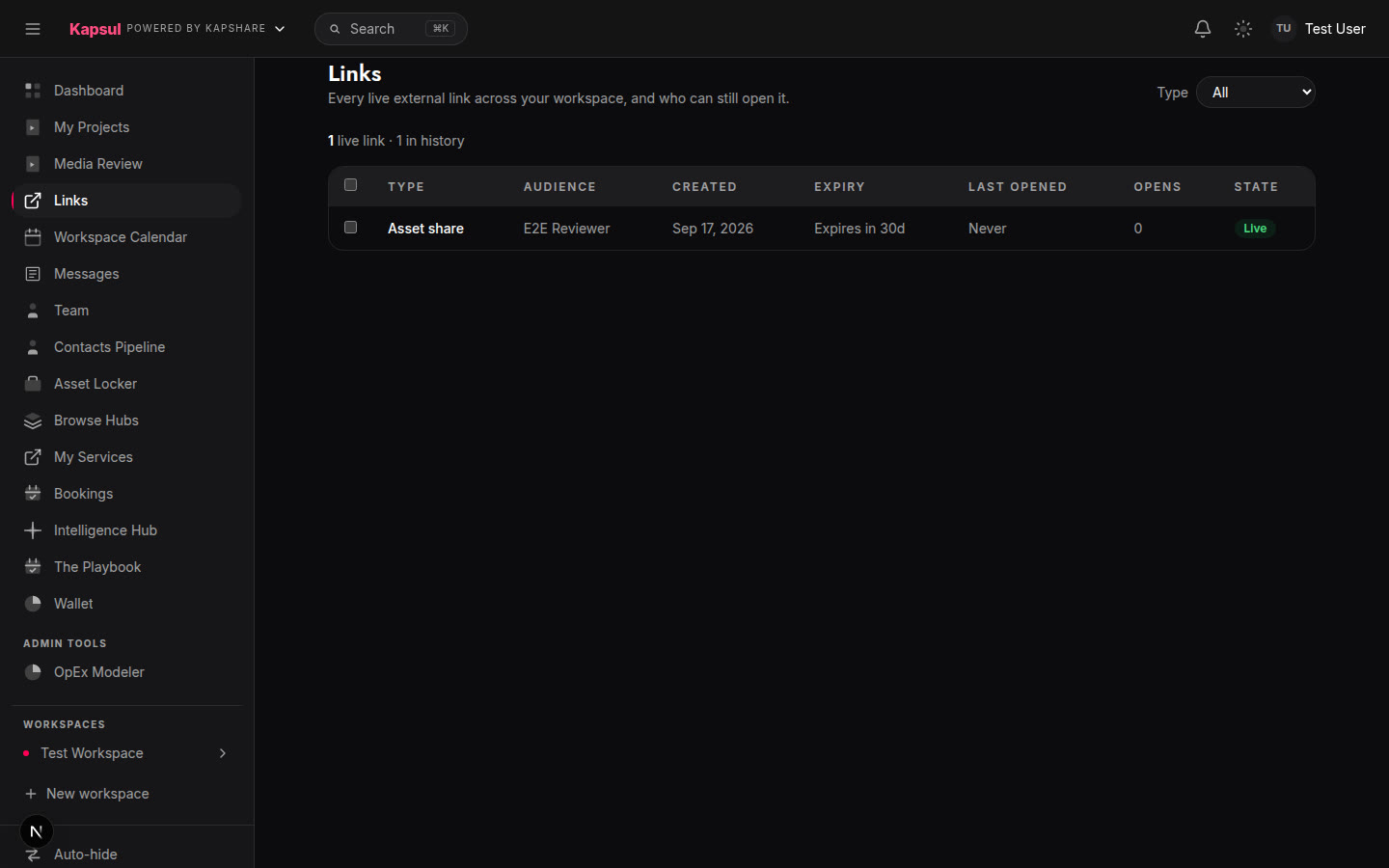 The Kapsul links ledger: every live external link across the workspace with its audience, expiry, opens and state