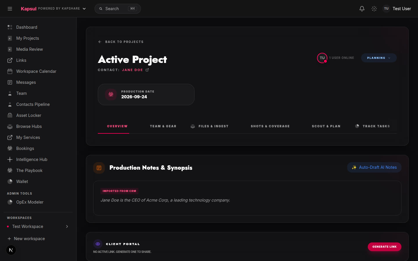 A Kapsul project workspace: production date, notes, client portal and tabs for team & gear, files, shots & coverage, scout and tasks