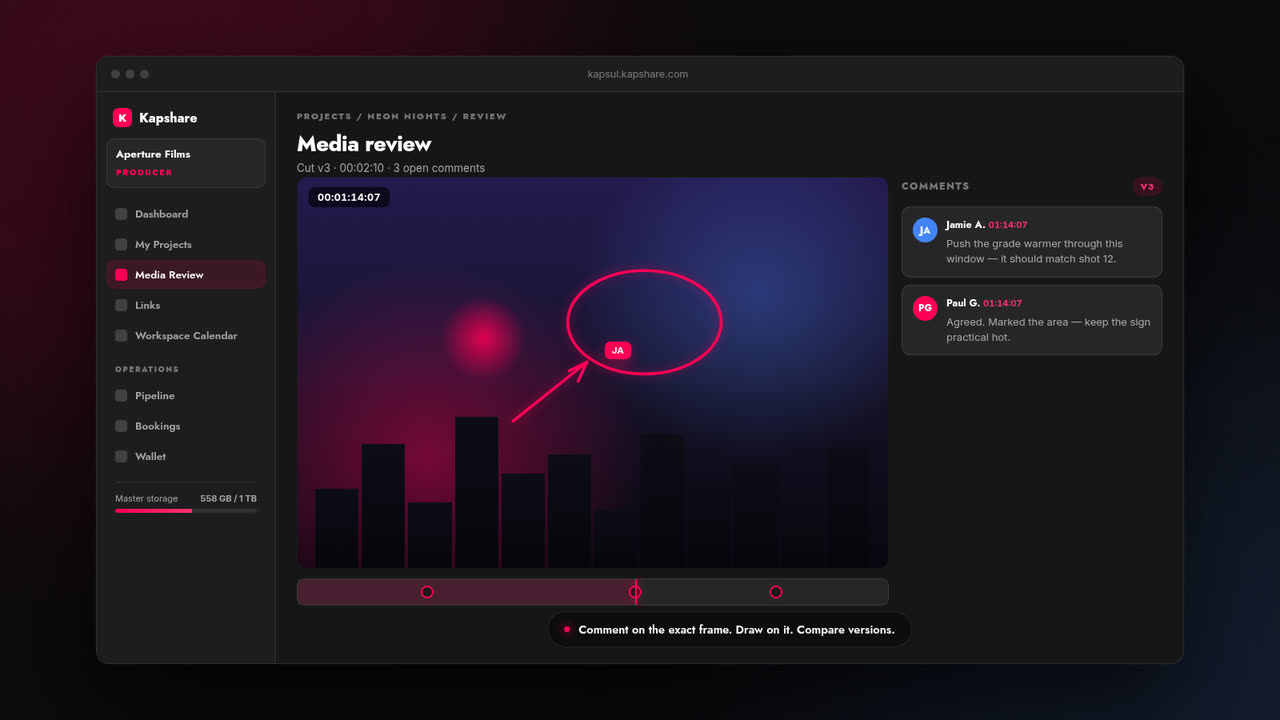 Kapsul media review: a comment pinned to an exact frame with drawing markup over the picture